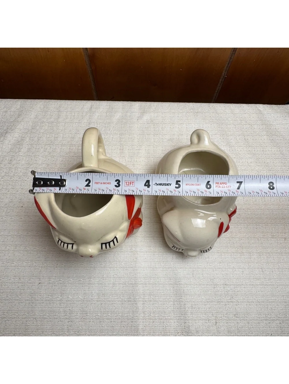 Vintage Ceramic Pig Creamer & Sugar Bowl Set Red Bow Retro Farmhouse Kitchen